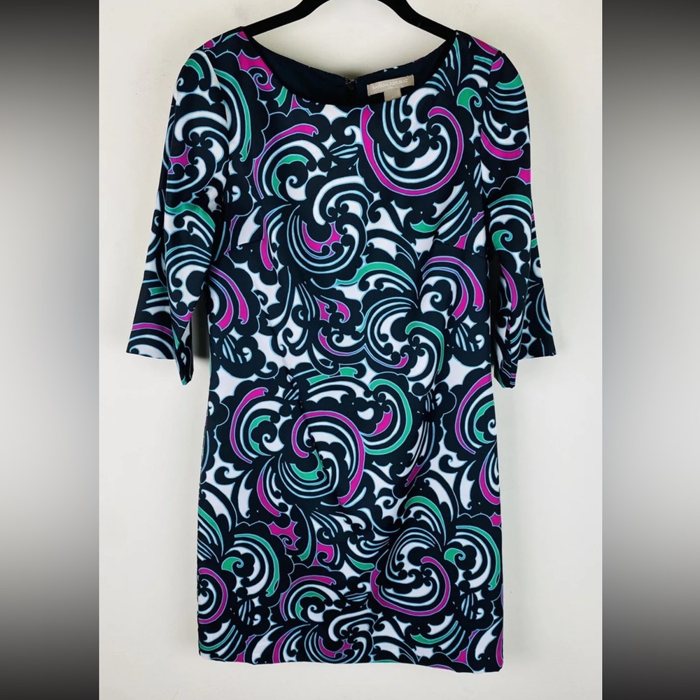 Banana Republic Dress 6 Womens Black White Purple 3/4 Length Sleeve A Line